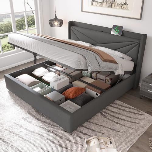 Merax Polsterbett Doppelbett Stauraum Bettkasten mit USB Typ C Ladefunktion Kopfteil,Stauraumbetten Bettgestell aus Leinenmaterial Jugendbett 160x200 mit lattenrost(Ohne Matratze)/Grau