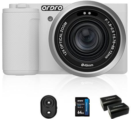 ORDRO G730 Spiegellose Kamera mit 5K-Videos, AF/MF, 12-facher optischer Zoom, 3.2 Vari-Winkel-Bildschirm, Spiegellose Digitalkamera mit 64 GB SD-Karte (Standard Bundle, Weiß)