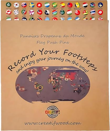 Creatifwood Punaises Drapeaux Nationaux (Lot de 291) avec 2 Plaques en Liège – Épingles de Carte, Suivi de Voyages, Décoration Carte du Monde