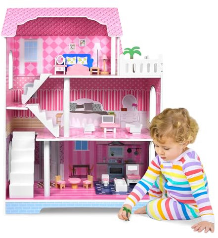 Kidsbuddy Großes Puppenhaus aus Holz für Mädchen，3 Etagen Spielset mit Möbelstücken und Zubehör,Prinzessin Traumhaus,Barbyhaus,Puppenvilla für Kinder ab 3 Jahren,Spielzeuggeschenk,100x36x70cm,Typ B