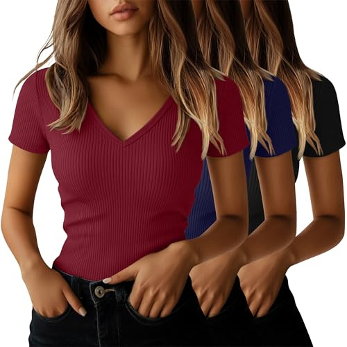 Ficerd Confezione da 3 T-Shirt da Donna in Cotone a Maniche Corte con Scollo a V e vestibilità Slim a Coste Maglietta Estiva(Nero, Blu Navy, Rosso Vino,M)