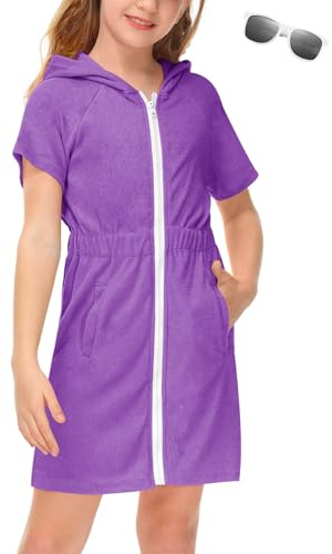 BesserBay Mädchen Handtuch Badeponcho mit Kapuze Taschen Elastischer Bund Zip Kinderbademantel Lila 130