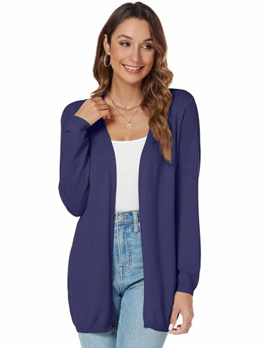 Famrrifuu Damen-Strickjacke, lang, elegant, leicht, langärmelig, vorne offen, lässig, weich, gestrickt, Damen-Pullover, Cardigan, Oberteil, hellblau, M