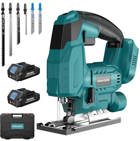 Yofuly Sierra de Calar con Batería para Makita 18V 21V, Caladora con 2 * 2000mAh baterías, Corte ± 45°, 6 Piezas de Cuchillas Sierra Calar Inalámbrica para Madera, PVC, Metal