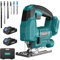 Yofuly Akku-Stichsäge für Makita 18V Akku, Stichsäge mit 2 * 2,0Ah Akku Variable Geschwindigkeit, Gehrungswinkel (0°-45°), 3-Positionen-Exzenterstichsäge zum Schneiden von Holz, PVC und Metall
