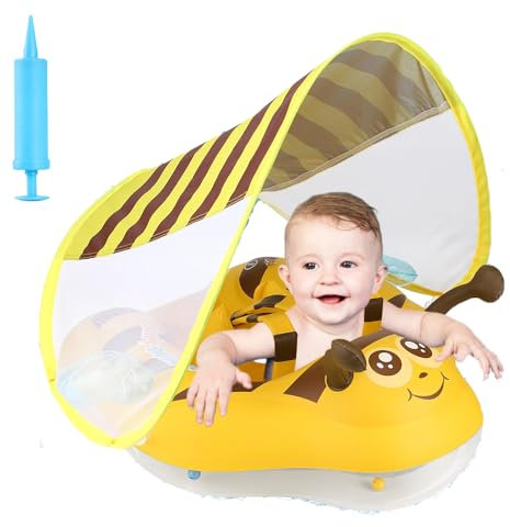 Schwimmring Baby, Afenau Baby Schwimmring mit Abnehmbarem Sonnendach Aufblasbar Babys Schwimmhilfe, Sicher und Lustig Schwimmreifen Babys, Babys Floating Ring für ab 3-12 Monate (Biene)