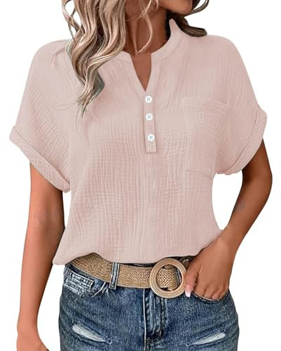 Cocila Ladies Tops 2025 Women's Summer Cotton Linen Cap Sleeve T-Shirt Button V Neck Henry Collar Tunic Tops Fashion Baggy Solid Plain Casual Shirts Trendy Blouse with Pocket B Pink