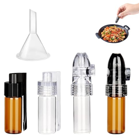 5 Piezas Botella Especias en Polvo, Mini Botella Vidrio Hermética con Cuchara y Embudo, Dosificador Cristal Portátil Pequeñas para Condimentos Pimienta y Especias, Dispensadora Color Marrón y Blanco