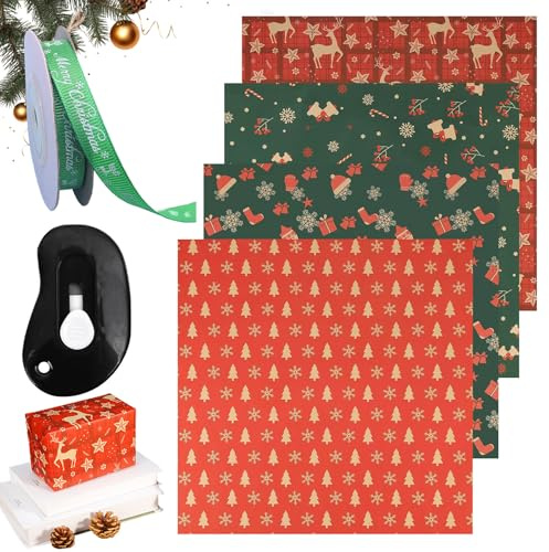 Carta da Regalo Natalizia Set,Fogli Carta Regalo Natale Kraft,Confezione regalo di Natale,Rotoli di Carta da Regalo Riciclabile,Carta Regalo Compleanno,Carta da Imballaggio per Regali,50x74cm