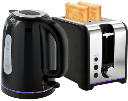 HOMCOM Kettle and Toaster Set, 1.7L 3000W Rapid Boil, 2 Slice, Black | Jug Kettle, Otter Thermostat, Limescale Filter, 7 Browning Controls, LED Strip, Crumb Tray