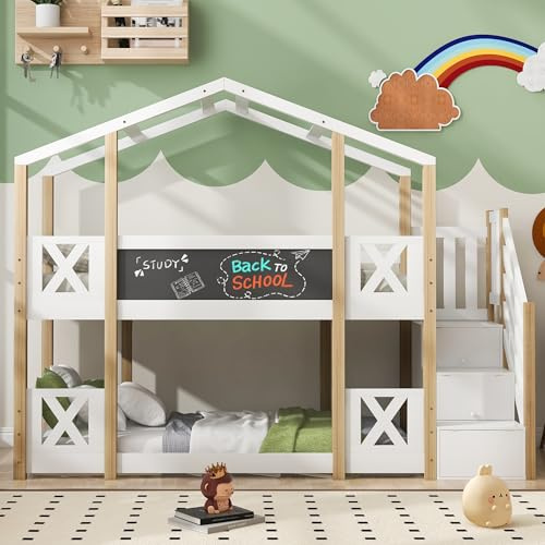LAKFEW Cama Infantil 90x200 cm para 2 Niños, Litera Infantil con Escalera de Almacenaje y Protección Anticaída, Literas Infantiles con 2 Somieres de Láminas, Natural+Blanco, Sin Colchon