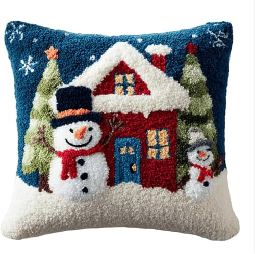 FWRTYCB Latch Hook Cushion Kits for Adults Christmas Snowman Xmas Father Child Cabin Rug Pillowcase Kids Beginner DIY Needlework Embroidery Kits Handmade Set Craft Sofa Home Decor 43x43cm,1pcs