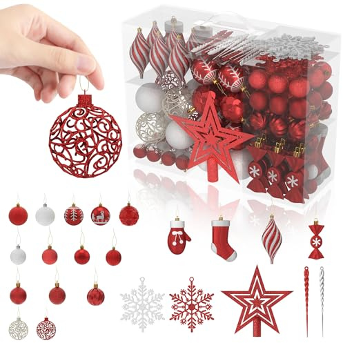 Aufun Weihnachtskugeln Kunststoff 138er Set Rot Weiß mit Baumspitze Stern, Christbaumkugeln mit Seil, Weihnachtsbaum Kugeln Deko in verschiedenen Größen und Ausführungen, Weihnachtsdeko Aussen Innen