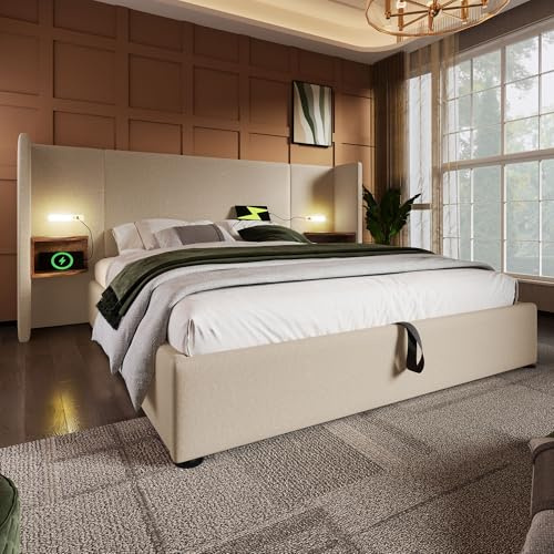 ZKLOEP Polsterbett Doppelbett 180×200cm mit Nachttisch, Leselampe und USB Type-C Ladefunktion, Bettanlage Stauraumbett Bettgestell mit Lattenrost aus Massivholz und Metall,Beige,Leinen(Ohne Matratze)