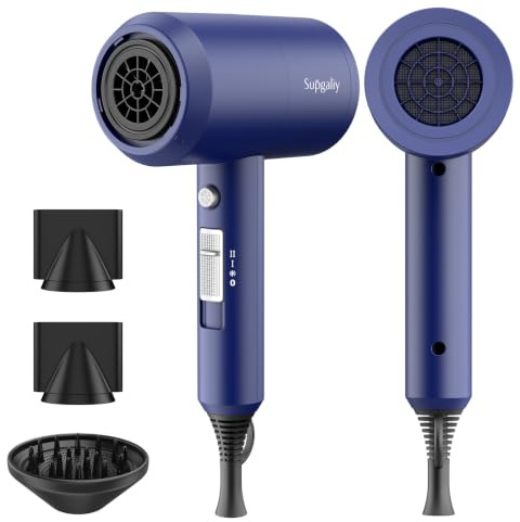 Professional Ionic Hair Dryer, 1800W AC Motor Fast Drying, Overheat Protection, Portable Hairdryer with 1 Diffuser & 2 Concentrator, Cool Shot Button for Home Travel Salon (Indigo Blue)