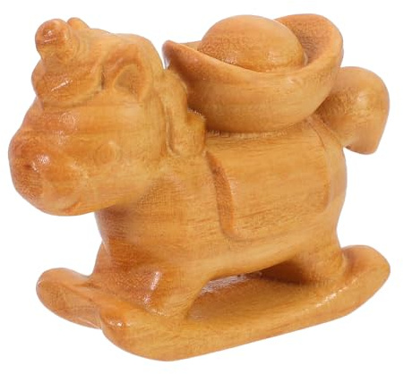 VANZACK Figurine de Cheval Sculptée la Main en Bois, Statue Miniature du Zodiaque Chinois Année du Cheval Yuanbao Doré, Décoration Nouvel an Chinois pour Table et Intérieur, Objet