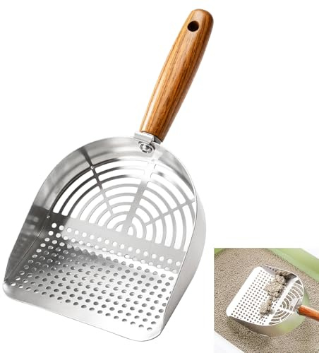 Fyunlle Edelstahl Katzenstreuschaufel – Reinigt Klumpstreu im Katzenklo mühelos mit 4mm & 10mm Sieb. Langer Griff und Haken zum Aufhängen. Rostfreies Metall, tiefes Design (Holzgriff)