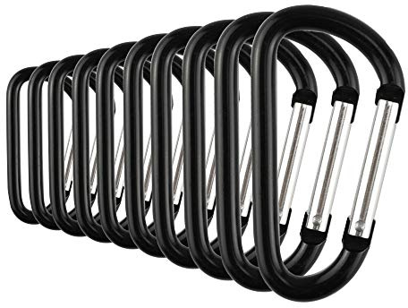 Temlum Aluminium karbinhake 3,8/4,8/5,8/6/7 cm klämma, D-form karbinhake med snäppstängning för camping, vandring, resor, nyckelring, svart, 10 stycken, 7 cm