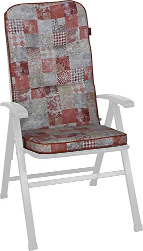 ANGERER Stuhlauflage hoch rot-beige Gemustert | Hochlehnerauflage, Auflage für Gartenmöbel, mit Bändern, dicke Füllung aus Schaumstoff mit Vliesummantelung, Made in Germany