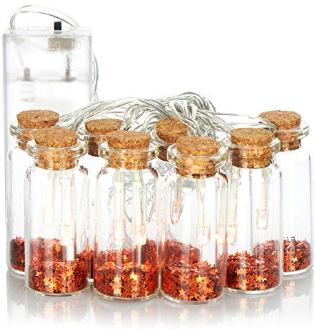 com-four® LED Light Chain with 8 Decorative Glass Bottles with Cork Closure - Decorative Battery-Operated Light Chains for Indoors - Colorful Stars (Bronze Colored)