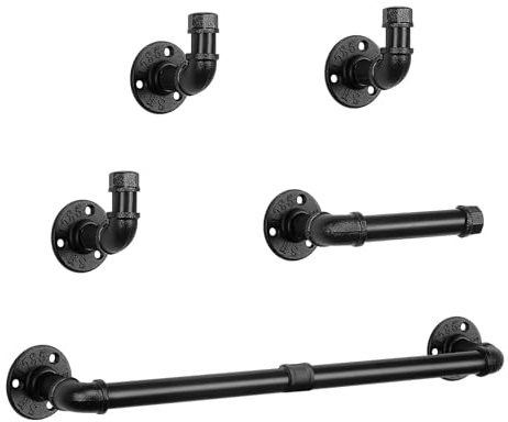 NearMoon 5-teiliges industrielles Rohr-Bad-Hardware-Set, inklusive 45.7 cm Handtuchstange, Toilettenpapierhalter und 3 Bademantelhaken, Wandmontage, rustikales Dekor-Zubehör-Set (schwarz)