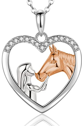 USEEDOVIA Pferde Mädchen Geschenke Pferd Kette Herz Sterling Silber Halskette mit Anhänger Rose Vergoldet Zirkonia Steine Schmuck Kleine Geschenke zum Schulanfang für Mädchen