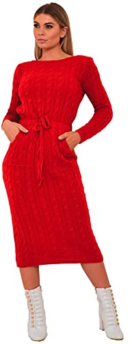Crazy Girls Womens Cable Knit Belted Midi Dress, Red, SM (UK 8-10)