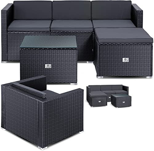 KESSER® Polyrattan Lounge Aruba - Gartenlounge für 4-5 Personen Gartenmöbel-Set Sitzgruppe aus 3er Gartensofa, Sessel, Hocker Beistelltisch mit Sitzkissen für Garten, Terrasse und Balkon, Anthrazit