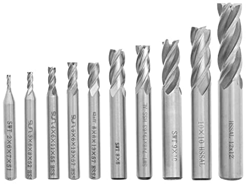 ECSiNG 10 Stück HSS 4-Nut-Schaftfräser-Set mit geradem Schaft 2/3/4/5/6/7/8/9/10/12 mm Durchmesser 6 mm 8 mm 10 mm 12 mm Griff für Holz Aluminium Stahl Titan