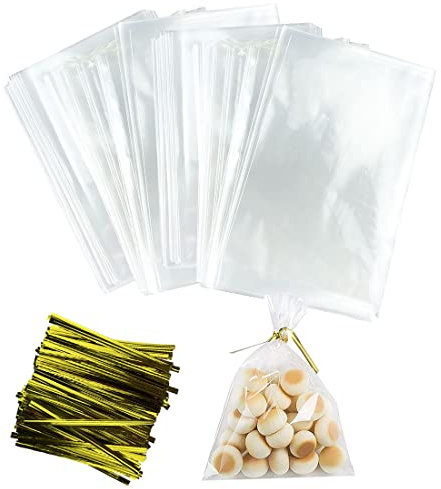 200pcs Cellophantüten für Kekse und Plätzchen, 15x20cm, mit Goldenen Kabelbindern - OPP Transparente Geschenktüten für Plätzchen