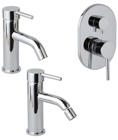 Kiamami Valentina Set Rubinetti Bagno Fassa 3 Pezzi Cromati Con Deviatore | Per lavabo, bidet e doccia incasso, ottone e zinco, piletta click clack, placca 18x12,5 cm, certificato ACS