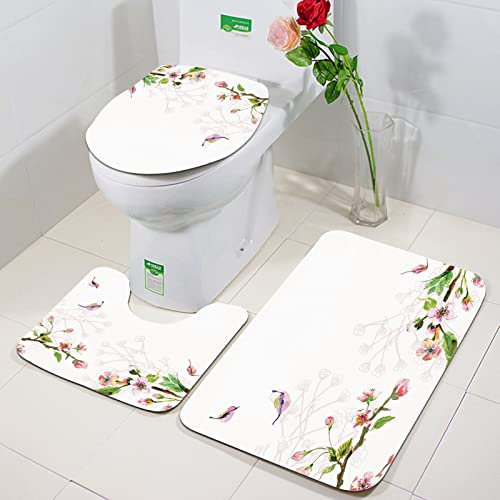 Rutschfeste Badematten 3 teiliges Set,Aquarell, Apfelbaum blüht in der Frühjahrssaison Zweige fallen Blätter roma,Hohe Wasseraufnahme, weiche Mikrofaser, WC-Vorleger, WC-Sockelmatte, maschinenwaschbar