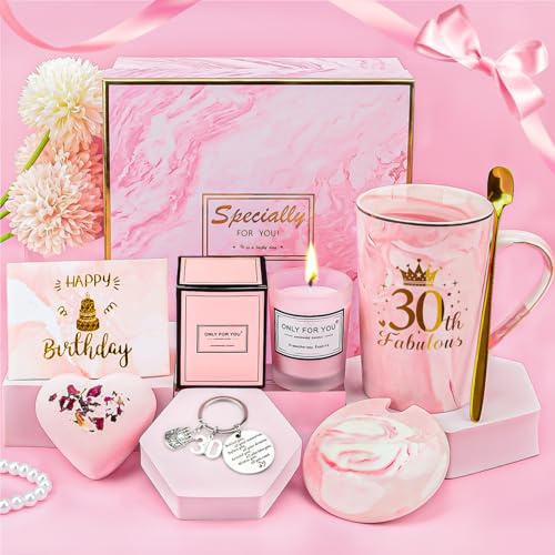 YYDSXK 30. Geschenke für Frauen, Kaffeebecher Geschenk 30. Geburtstag Frau | Rosa Geschenkbox, Keramiktassen, Duftkerzen, Badesalz, Schlüsselanhänger, Grußkarte, Geburtstagsgeschenk für 30 Jahre Frauen