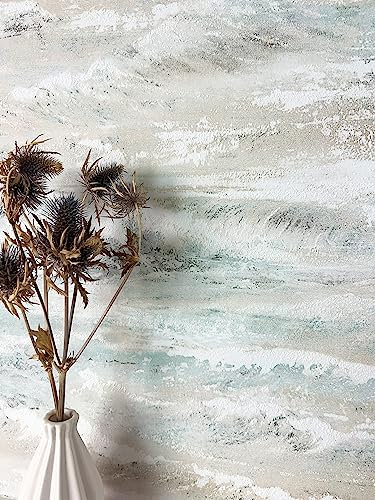 NEWROOM Tapete Weiß Vliestapete Putzoptik - Mustertapete Modern Blau Grau Struktur Wellen Strukturtapete 3D Optik Putzoptik Wellen inkl. Tapezier-Ratgeber