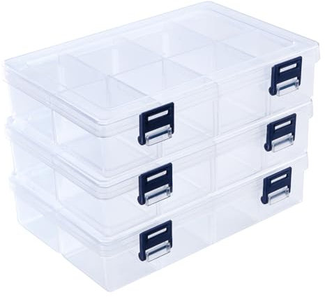 ilauke Craft Storage Box, 3x8 Grids Clear Plastic Craft Organiser, Tiered Arts and Crafts Box for Earring, Beads, Jewellery, Adjustable Dividers