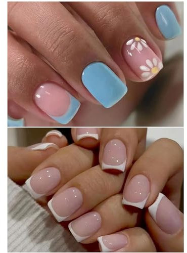 Ceboic 2 Packs (48 Pcs) Press on Nails Kurz, Square French Künstliche Nägel zum Aufkleben Full Cover Kunstnägel mit Blumen Design, Eckig Rosa Glitzer Acryl Fingernägel Fake Nails für Frauen & Mädchen
