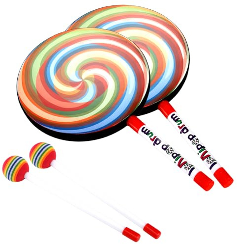 ZEAYEA 2 Pack 8 Inch Lollipop Drum, Lollipop Shape Hand Drum with Drumstick, Musical Instrument for Party Holiday