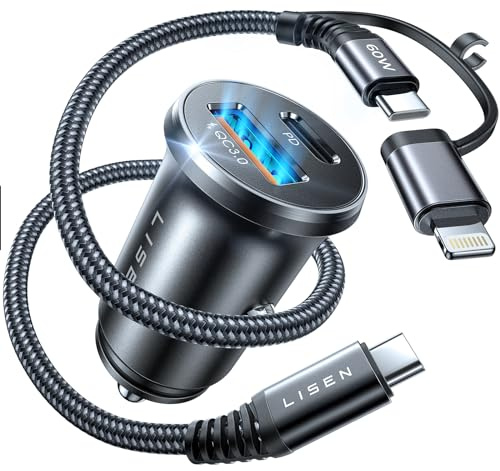 LISEN Car Phone Charger USB C 54W 12V USB Socket [USBC 36W+QC18W] With 60W Cable (Raven Black, C-CL cable)