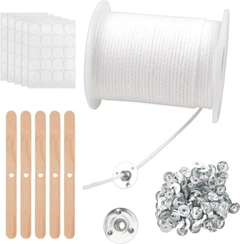 Juego de mechas para velas de 6100 cm, mechas de algodón para velas gruesas, mechas para velas con 100 pegatinas de base de metal, velas naturales para hacer velas de Navidad