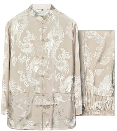 Mens Dragon Print Jacquard Chinese Kung Fu Suit Martial Arts Wing Chun Uniform Shirt Pants Set Tang Costume Beige, 165