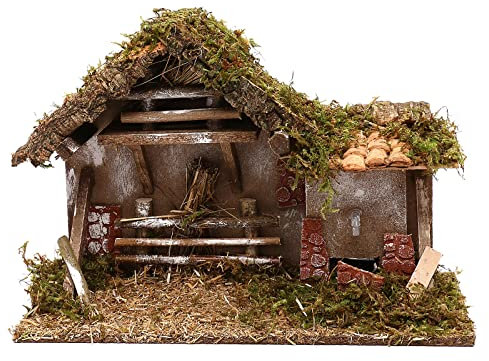 Holyart Krippenstall mit Heuschober und Brunnen, für 10 cm Krippe