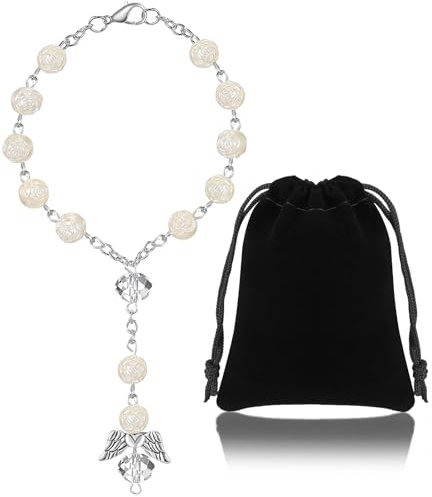 Otuuz Auto Rosenkranz zum Schutzengel Anhänger - Geschenkbeutel aus Samt, Weißer Rosenkranz für Männer und Frauen, Kurze Perlen, Geschenkidee für Autofahrer, Hängende Verzierung