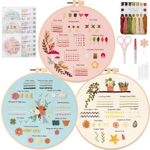 UXORSN 3 Sets Stickset für Anfänger Stickerei Set Sticken Set Erwachsene Lernen 30 Verschiedene Stiche Embroidery Starter Kits Kreuzstich Kit mit Druckmuster Fäden Nadeln Stickrahmen Videolehrgang