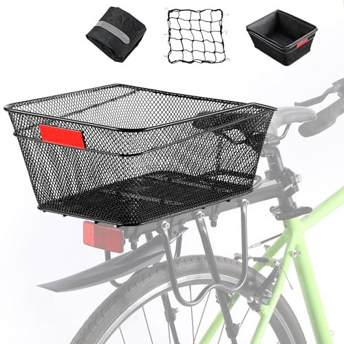 YONTUO Rear Bike Basket with Liner,Large Bicycle Basket with Waterproof Cover,Bicycle Rear Basket with Cargo Net,Great for Bike Trip,Carrying Grocery and Some Heavy Load，BCB04