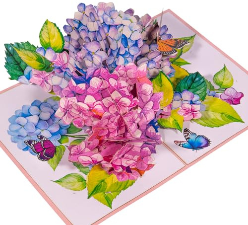 LINPOPUP® Pop-Up Karte Blume - Grußkarte Schmetterling, Geburtstagskarte, Muttertagskarte, 3D Blumenkarte für Frau, Mutter, Freundin, Gute Besserung, Geldgeschenk, Gutschein, Garten, Hortensien, N278