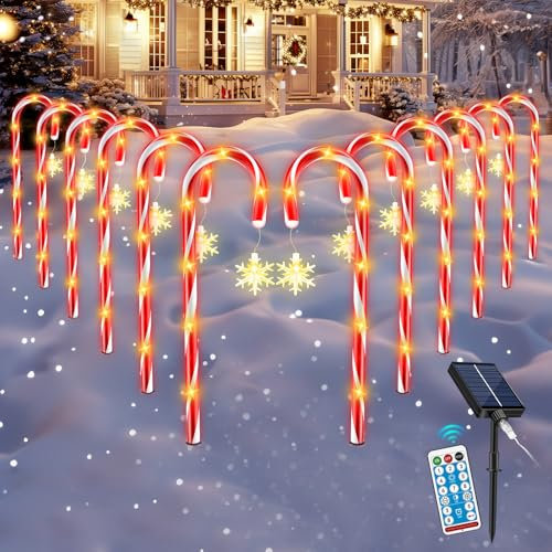 HELESIN Lot de 12 Décorations de Noël D'extérieur, Cannes de Bonbon Solaires à LED, Lumières de Noël extérieures 8 Modes D'éclairage, Décorations de Noël pour Pelouses, Terrasses, Cadeaux