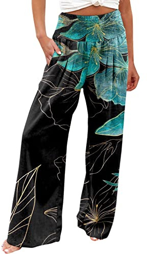 Pantalon Fluide Femme été Chic,Pantalon de Plage décontracté et à la Mode pour Femmes, Taille élastique, Jambes Larges, avec Poches à imprimé Floral coloré Pantalon ete Femme Fluide Coton