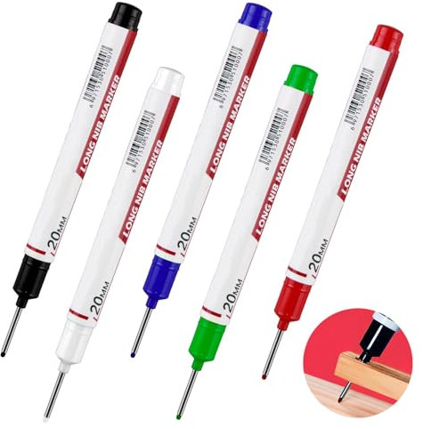 Set di 5 Marcatore Profondo per Fori, Punta da 20mm, Marcatore per Legno, Plastica, Metallo, Cartone, Penne per Cantiere (Nero, Blu, Rosso, Verde, Bianco), Strumento di Marcatura per Fori Profondi