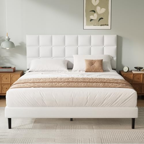 Yocreat Single Bed Frame, Easy Assembly, Sturdy Wooden Slat Support, Upholstered Platform with Headboard, No Box Spring Needed, White Single Bed 90×190
