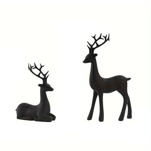 Lot de 2 statues de cerf de Noël en résine assises et debout - Figurines de renne de Noël modernes noires - Décoration de bureau (noir, taille unique)